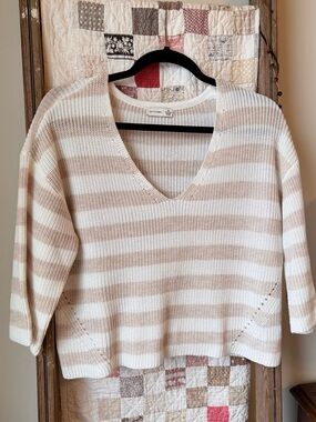Gentle Fawn Striped V-Neck Sweater — Cream and Tan
